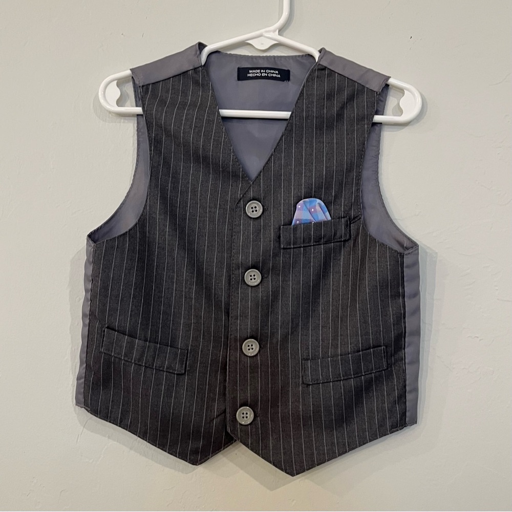Kids Gray Pinstripe Toddler Boy Suit Vest Pocket Square Size 2T